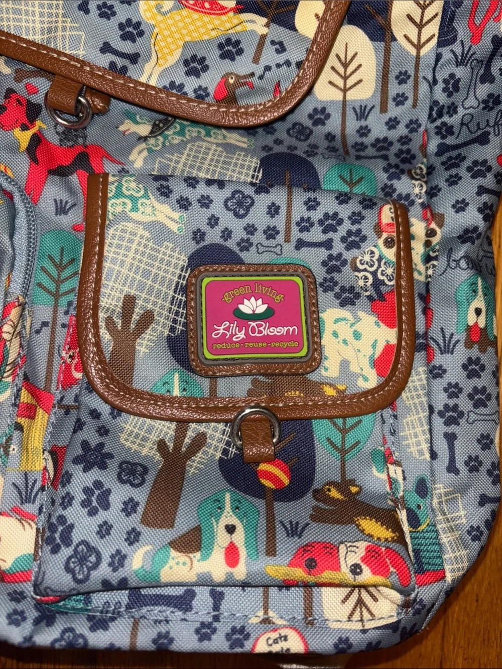 Lily Bloom Multicolor Dog-Print Canvas Backpack with Brown Trim